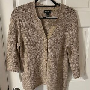 Eddie Bauer Linen Blend 3 button V neck Knit Cardigan 3/4 sleeves Oatmeal  Large